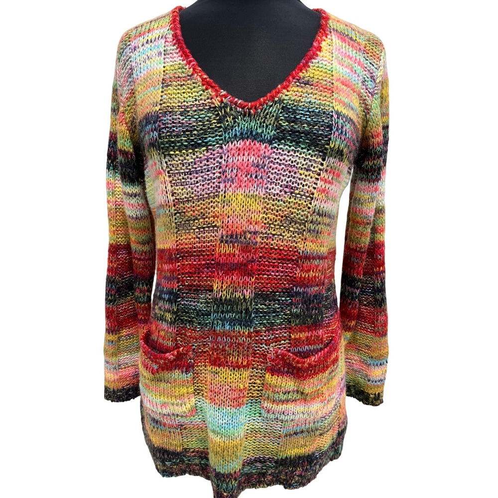 Canyon River Blues Womens XL Multi Color Space Dye Knit V-Neck Sweater Pockets